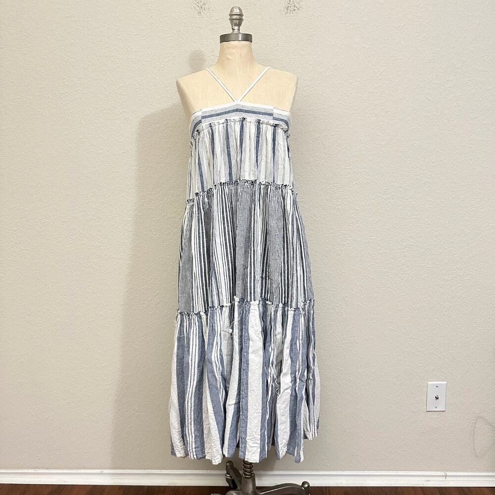 J.CREW Maxi Dress Blue White Striped Linen Chambray Cover Up Beach